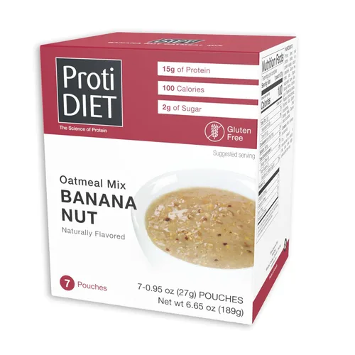 ProtiDIET Avena Instantánea de Plátano y Nuez Alta en Proteína - Sin Gluten, Rica en Fibra, Baja en Azúcar - Proteína para el Desayuno Fácil de Nuez