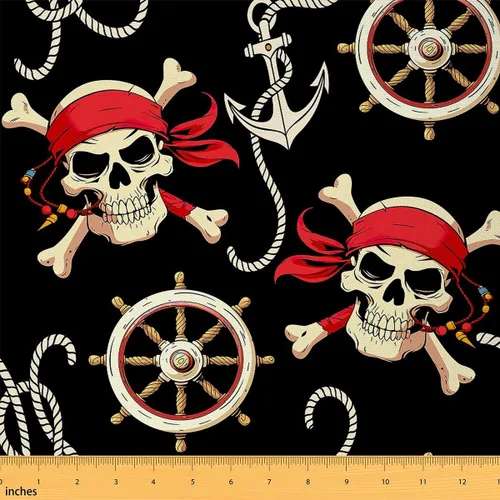 Feelyou Tela de Calavera de Piratas por Yarda, Tela de Tapicería de Océano Náutico para Sillas, Elementos Decorativos Temáticos de Ancla Aventurera