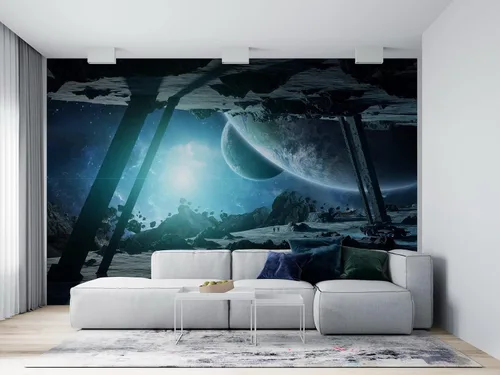 Miniatura 3 de Niwo ART - Mural de pared Astronauts Explorando Asteroid Spaceship B, Universe Papel tapiz autoadhesivo grande autoadhesivo (64 x 96 pulgadas)