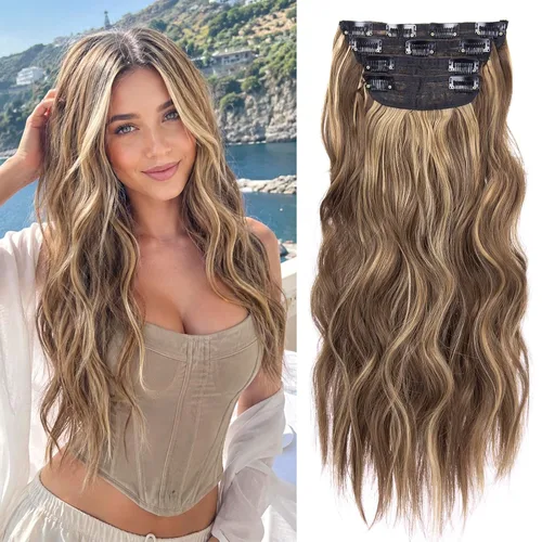 Miniatura 20 de Extensiones de cabello sintético con pinzas, largas y lacias, gruesas, extensiones de cabello natural de fibra de color rubio 613 de doble trama, 20