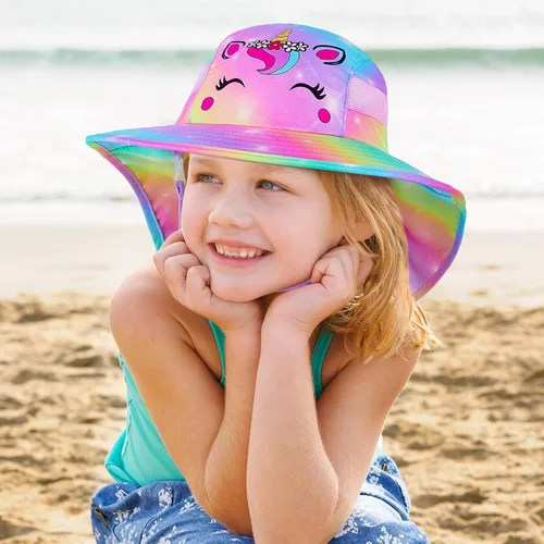 Miniatura 2 de Sombrero de sol para niños, protección UV, unicornio, verano, playa, jugar con ala ancha, solapa para el cuello para niñas y niños