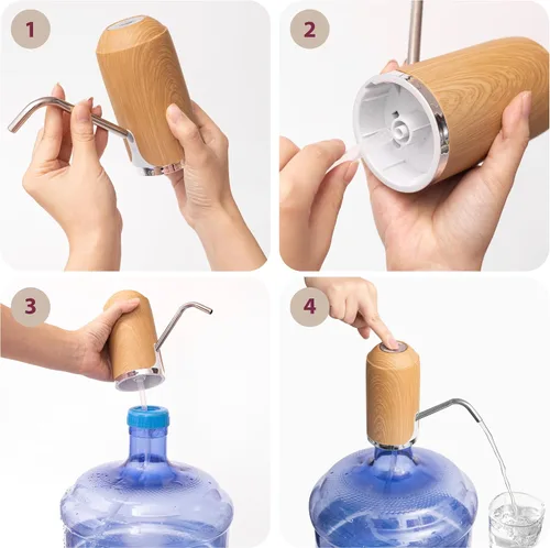 Miniatura 5 de Dispensador de agua eléctrico recargable para botellas de 2, 3, 4, 5 galones, diseño de madera elegante, dispensador de agua portátil automático