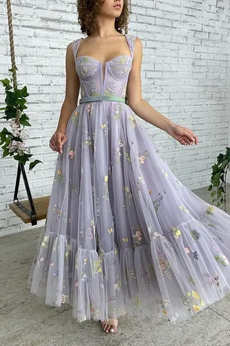 Miniatura 2 de Basgute Vestido de fiesta de tul con bordado de flores para mujer, corsé, largo, con tirantes delgados, de hadas, fruncido, formal, vestido de fiesta