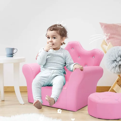 Miniatura 6 de Sofá para niños de Costzon, sofá tapizado para niños con otomano, sofá de princesa con decoración de diamantes, otomano, silla para niños de PVC