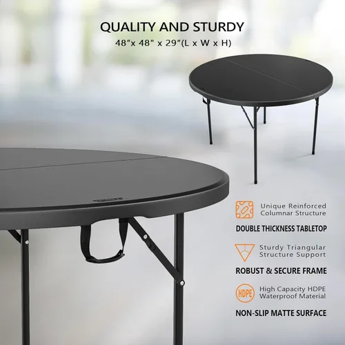 Miniatura 3 de VINGLI Mesa Comercial Redonda Negra Bi-Plegable de 48", Mesa de Comedor/Cartas de Plástico Portátil de 4 Pies para Cocina o Fiesta al Aire Libre