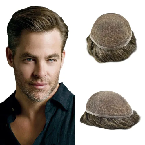 Miniatura 21 de Toupee para hombres Piezas de cabello humano real, encaje francés completo para hombres, pieza de cabello, nudos blanqueados, línea capilar natural