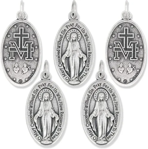 Caritas et Fides Paquete de 5 medallas milagrosas ovaladas grandes en inglés (1.125 pulgadas, plata oxidada) – Hecho en Italia, colgante de María