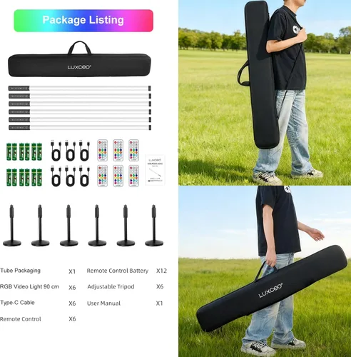 Miniatura 8 de Paquete de 6 tubos RGB de 3 pies de luz portátil de 5000 mAh con batería LED con soporte y control remoto, 500 efectos de iluminación, barra de luz