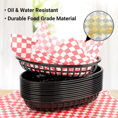 Miniatura 5 de EUSOAR Cestas de hamburguesa y forros de papel, 12 cestas reutilizables de plástico negro de 9.4 x 5.9 pulgadas para servir alimentos y 10 x 11