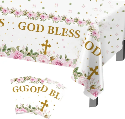 Miniatura 7 de Makarios Mantel de bautismo, Dios bendiga, cruz, mantel de primera comunión (verde)