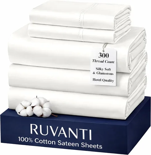 Miniatura 62 de RUVANTI Juego de sábanas de 100 % algodón tamaño matrimonial, tejido de satén suave y sedoso de 300 hilos, refrescante, ligero y transpirable, Beige