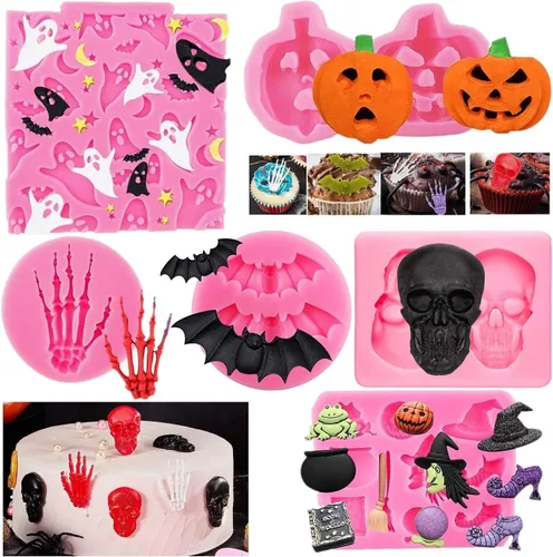 Moldes de Halloween de Silicona Calabaza Calavera Murciélago Esqueleto Mano Murciélago Fantasma para Chocolate Dulces Fondant Arcilla Polimérica