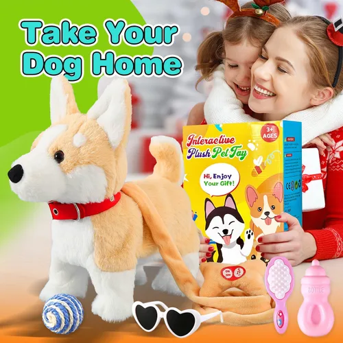 Miniatura 8 de HCdoujoy Perro Corgi juguete que camina y ladra, cachorro interactivo musical que canta y baila con control de volumen, camina con correa, menea