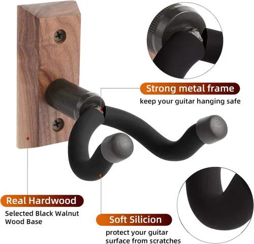 Miniatura 3 de Soportes de pared para guitarra, paquete de 4, ganchos para guitarras acústicas y eléctricas, mandolina banjo bajo, base de madera de nogal negro