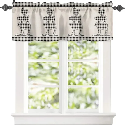 Miniatura 3 de Cortina de cenefas de animales a cuadros para cocina, cafetería, búfalo, vaca, cerdo, pollo, cortinas cortas de 42 x 18 pulgadas con bolsillo
