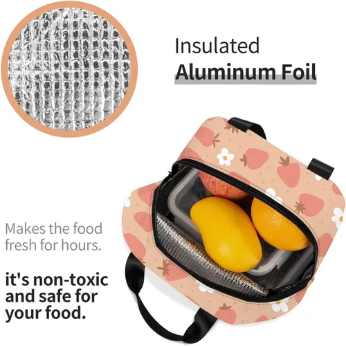 Miniatura 5 de Bolsa de almuerzo con aislamiento de fresas y flores, bolsa reutilizable para el regreso a clases, contenedor portátil para niños y niñas, cajas