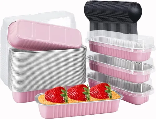 LNYZQUS Mini moldes para pan con tapas, paquete de 50 moldes rectangulares de papel de aluminio de 6.8 onzas, recipientes de latas, moldes Rosa