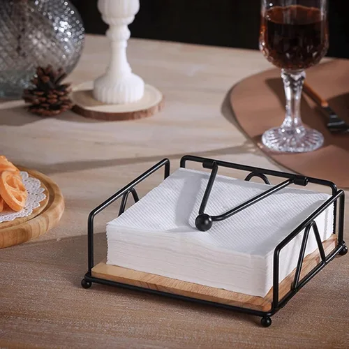 Miniatura 5 de Servilletero plano para servilletero, dispensador de servilletas de metal con brazo de tensión ponderada y base de madera, organizador de Oro