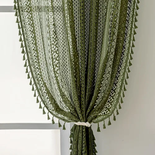 Miniatura 17 de WAZZIO Cortinas de Encaje, Cortina Boho de Crochet para Dormitorio, Cortinas de Café de Algodón, 45 Pulgadas de Largo, 2 Paneles con Bolsillo