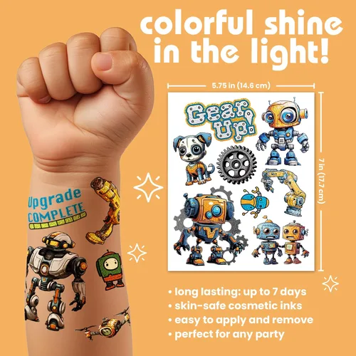Miniatura 3 de 50 tatuajes temporales de Blunder Bots: tinta metálica, segura para la piel, ideal para fiestas de cumpleaños, regalos para niños y niñas de 4 a 12