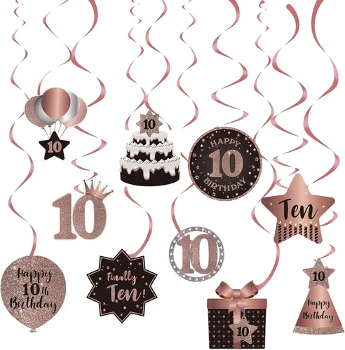 Decoraciones colgantes de techo de remolinos de 10 años, 10 espirales colgantes de papel de aluminio con recortes para 10 años de edad, suministros