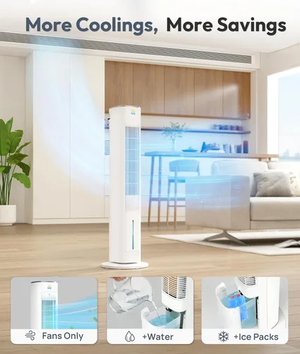 Miniatura 10 de Enfriador de aire evaporativo portátil, ventiladores de enfriamiento 3 en 1 que soplan aire frío con tanque de agua de 3 L, ventilador de torre