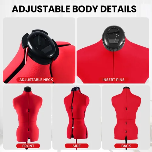Miniatura 4 de Maniquí ajustable para vestidos de costura, para mujer, talla 6-14, con forma de cuerpo para clavar alfileres con 13 diales, base rodante Rojo