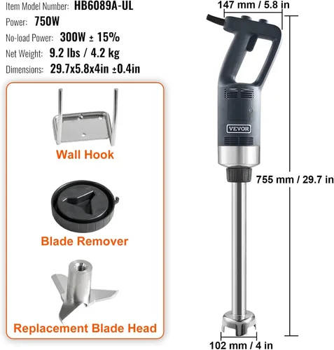 Miniatura 7 de VEVOR Batidora de Inmersión Comercial, 750W 16" Mezclador de Mano de Servicio Pesado, Mezclador de Barra de Cocina de Velocidad Variable