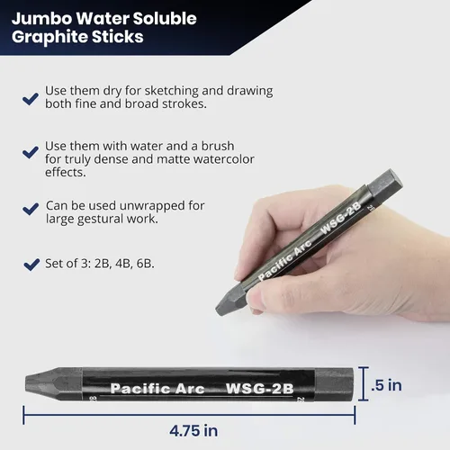 Miniatura 3 de Pacific Arc Juego de 3 palitos de grafito solubles en agua jumbo, suaves 2B, 4B, 6B