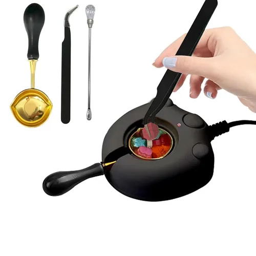 Kit de calentador de sellos de cera eléctrico negro con cuchara, pinzas y palito de agitador, para sello de cera, sobre letras y manualidades (01