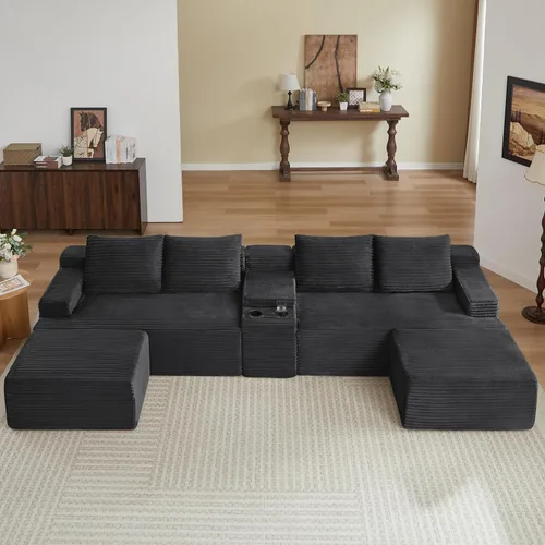 Miniatura 17 de 141" Oversized U Shaped Cloud Sectional Couches with Storage Console for Living Room, Corduroy Compressed Boneless Couch, Symmetrical Sofa & Couch