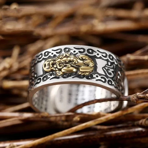 Miniatura 2 de SUKKCCNO Anillo abierto PiXiu de plata de ley 925 vintage con nubes auspiciosas, sapo dorado, Vajra, grabado, amuleto budista de Feng Shui, anillo