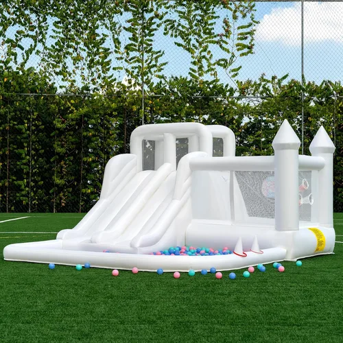 Casa de rebote Oxford blanca de 12.5 x 10.6 pies, castillo inflable para niños con tobogán y piscina de pelotas, casa de rebote inflable de tamaño