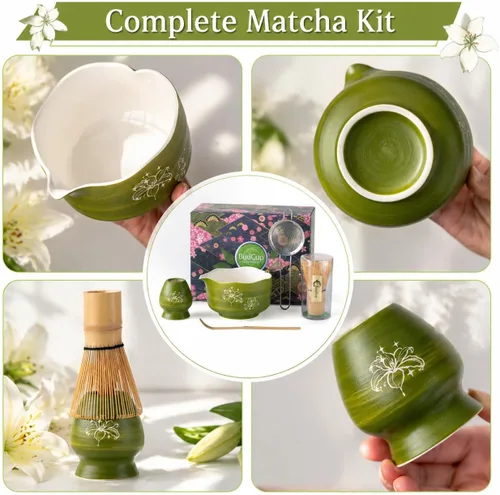 Miniatura 5 de Buucup Juego de matcha, 5 piezas de aguacate verde matcha con cuenco en forma de corazón con boquilla, batidor de bambú, cuchara, tamiz y soporte