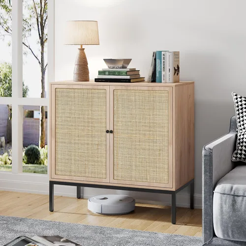 Miniatura 13 de Brafab Aparador negro con puertas decoradas de ratán natural, 31.5 pulgadas de ancho, armario de almacenamiento de ratán Credenza, gabinete bohemio