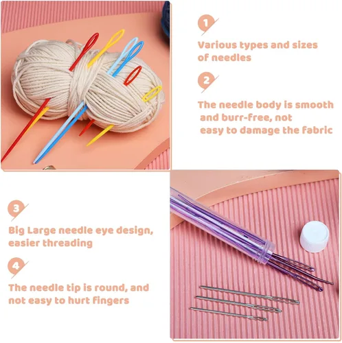 Miniatura 4 de 150 piezas de agujas de coser de ojo grande de plástico, agujas de ojo grande sin punta, agujas curvas para tapicería, agujas de hilo para 150