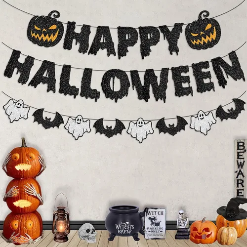 Miniatura 5 de Cartel de Feliz Halloween, guirnalda de papel para colgar, decoración de calabaza sangrienta, telón de fondo de fotos para pared, hogar, manto