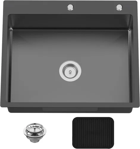 Miniatura 14 de Fregadero Negro de Cocina y Bar, Fregadero de Cocina de Acero Inoxidable de 15 x 17 Pulgadas para Empotrar, Fregadero de Bar Moderno de Un Solo
