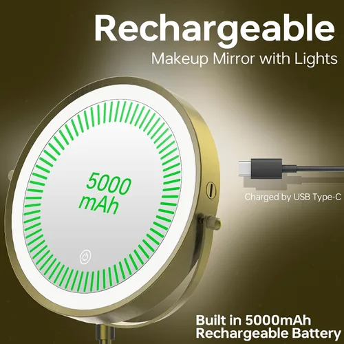 Miniatura 4 de Espejo de maquillaje iluminado de 9 pulgadas con 1 aumento de 10x, espejo de tocador de aumento recargable de 5000 mAh con luces, 3