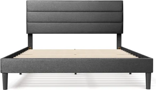 Miniatura 8 de BONSOIR Marco de cama tapizado de perfil bajo moderno de color gris de tamaño matrimonial con cabecero copetudo