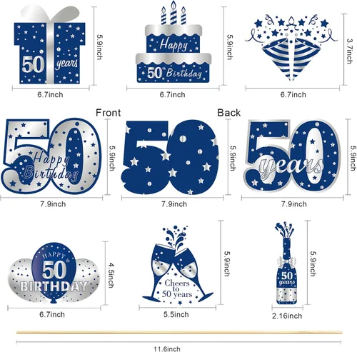 Miniatura 2 de 24 piezas de decoración de mesa de cumpleaños de 50 años, color azul y plateado, incluye 24 patrones de cartón, palos y puntos adhesivos, perfecto