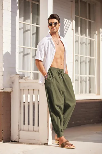 Miniatura 2 de COOFANDY Pantalones de harén hippie para hombre, holgados, de lino, algodón, pantalones de yoga, pantalones de playa de verano, pantalones casuales