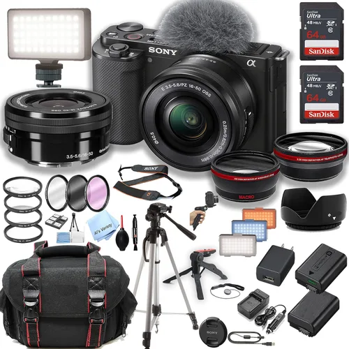 Sony Cámara sin espejo ZV-E10 con lente de 0.630-1.969 in + 2 piezas de memoria de 64 GB + luz de video LED + estuche+trípode + pod de agarre