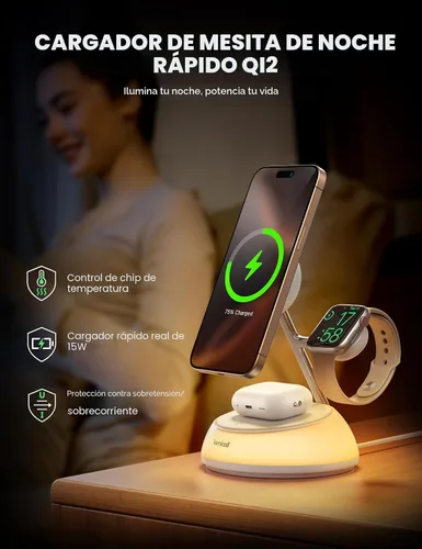 Miniatura 6 de Lamicall Estación de carga inalámbrica 4 en 1 con certificación Qi2 para Magsafe, [luz nocturna LED] Soporte de cargador magnético rápido de 15 W