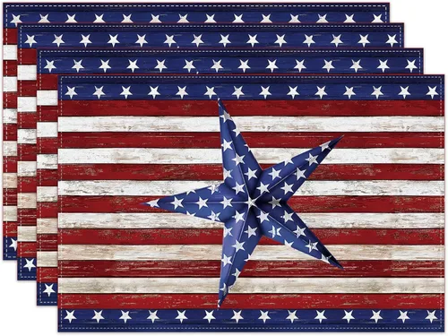 Juego de 4 manteles individuales patrióticos con diseño de acuarela de bandera americana, color rojo, blanco y azul, 4 de julio, Día de los