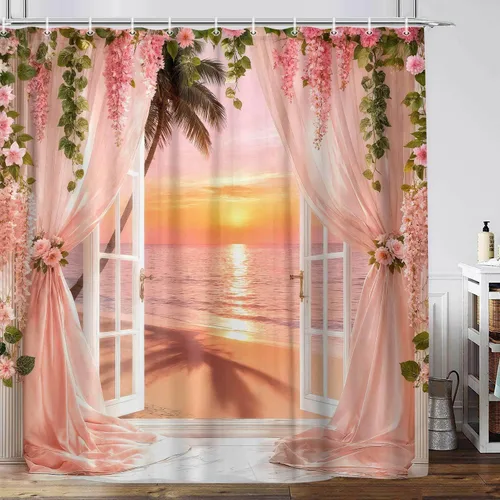 Miniatura 3 de Farmhous - Cortina de ducha con diseño de playa y océano, diseño de paisaje marino con salida del sol, paisaje marino, náutico, playero, para baño