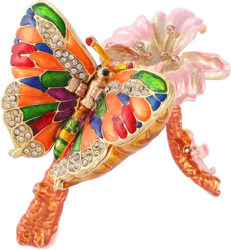 QIFU Pintado a mano esmaltado colorido mariposa joyería baratija caja con bisagras regalo único para la decoración del hogar