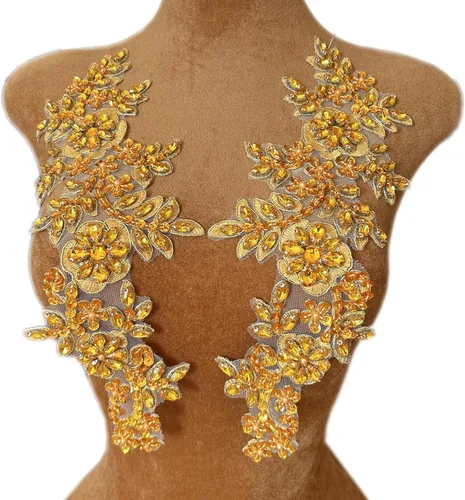 Miniatura 12 de 1 par de decoraciones de vestido de novia de 5.1 x 13.4 in, parches de encaje para coser con cuentas de diamantes de imitación sueltas, piedras