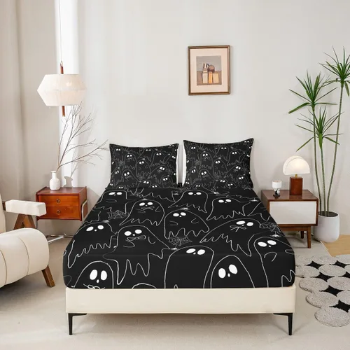 Miniatura 5 de Feelyou Juego de sábanas de fantasma negro para niños y niñas, tamaño individual, juego de sábanas de fantasma de calavera para niños, mujeres