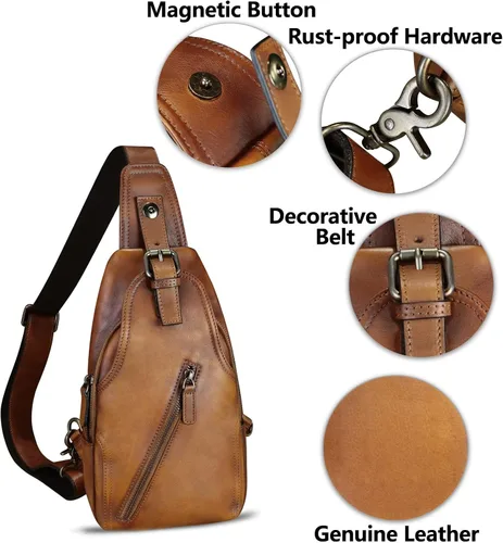 Miniatura 6 de Bolso bandolera de cuero genuino para mujeres y hombres, estilo vintage, de cuero real, a la moda, bandolera, Marrón
